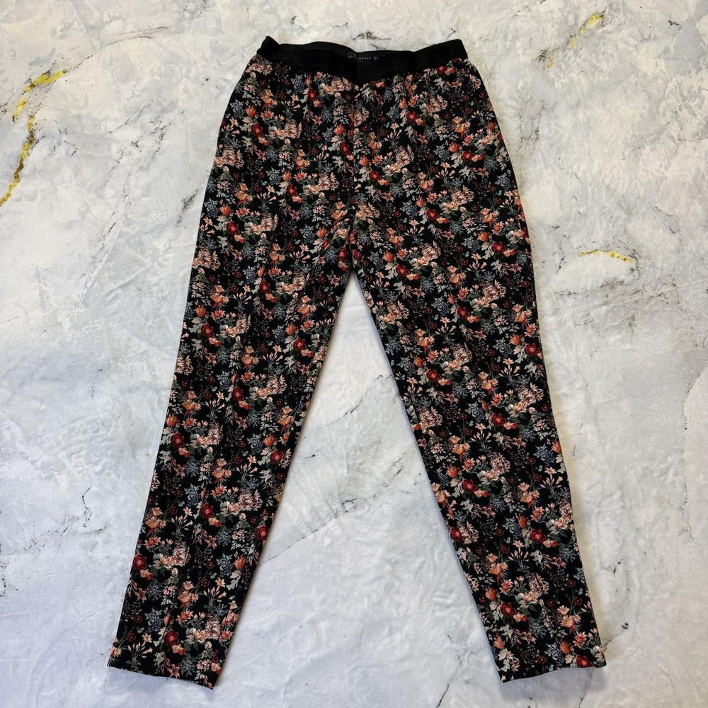 Zara Women Trousers Womens Size M Black Floral High Waist Tapered Pull On Jogger